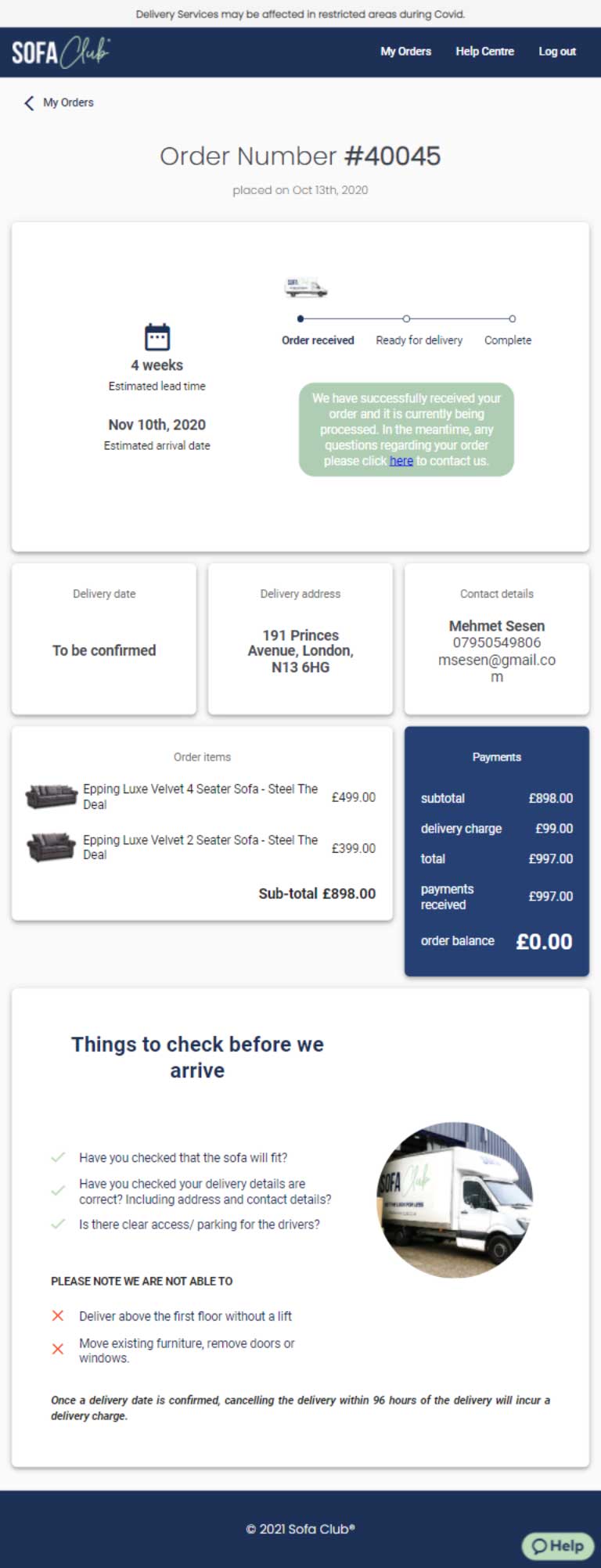 Order detail tablet view